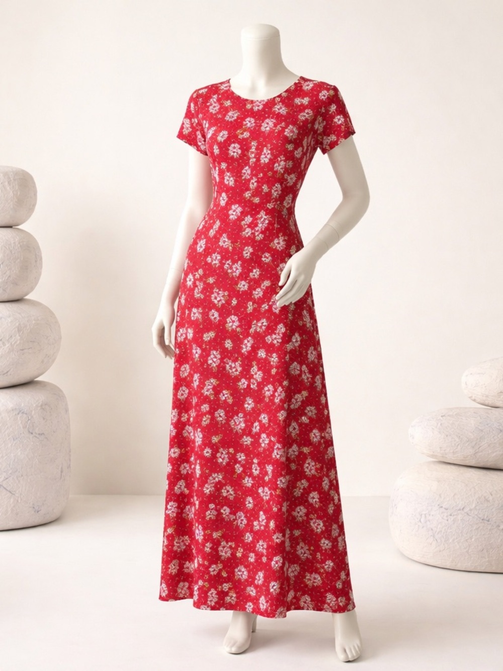 Vintage Sharon Young Floral Red Maxi Dress
